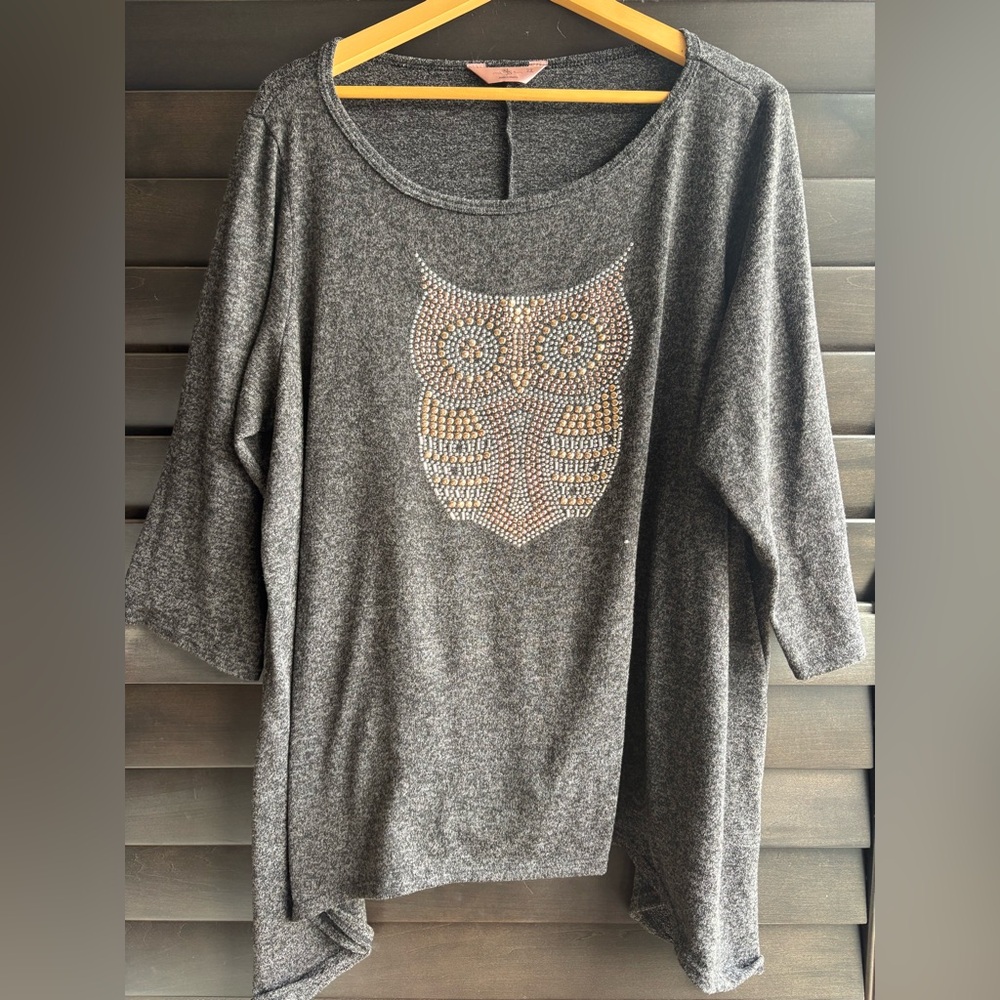SJS Women's 2X Grey Blouse 3/4 sleeves OWL Gold Silver Beaded